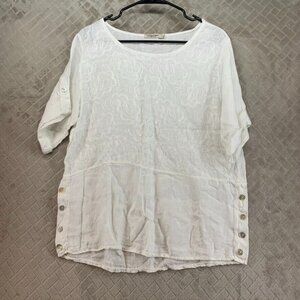 Lungo L'Arno Womens L Shirt White Linen Short Sleeve Mother of Pearl Buttons